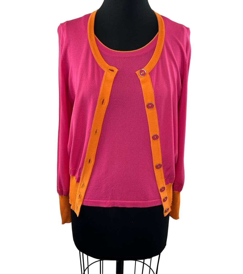 LUISA SPAGNOLI Pink Orange Long Sleeve Button Cardigan Sweater/ Tank Top SET M